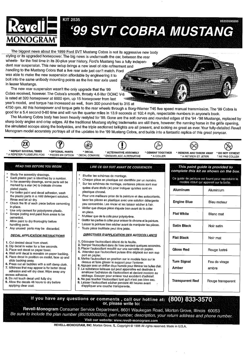 Photo Revell 1999 Mustang Svt Instructions 1 Rm 99 Mustang Cobra