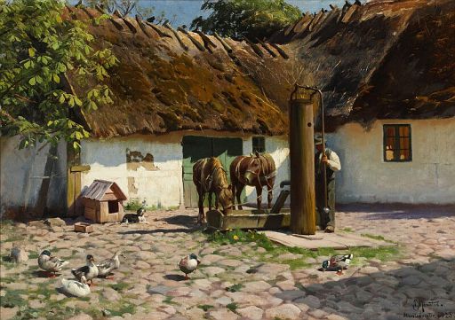 View from a Courtyard with Horses Drinking Water from a Well (1923)