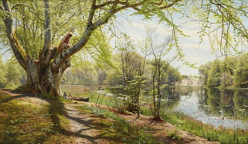 Lush Spring Landscape with Children Sitting by the Shore (1897)