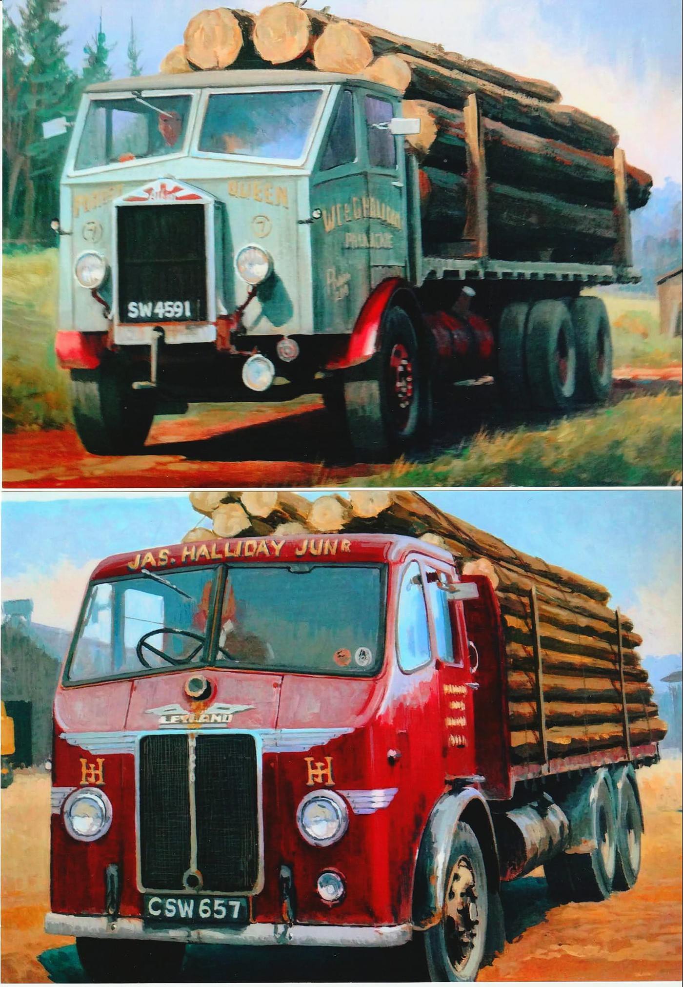 Photo SW4591 Albion and CSW657 Leyland Steer both of Halliday. Truck Art album Boballoa