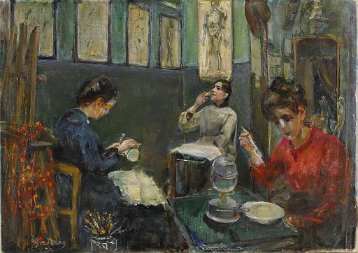 Académie Julian with Mademoiselle Beson Drinking from Her Glass (1884)