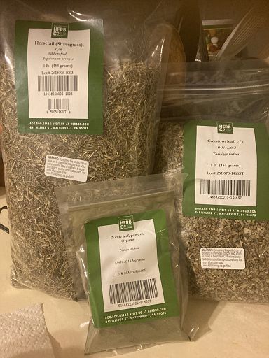 Rinse Products with Silica/silicone: Horsetail and Coltsfoot and Nettle(I bought nettle powder instead of nettle leaf by accident! Oh Well!)